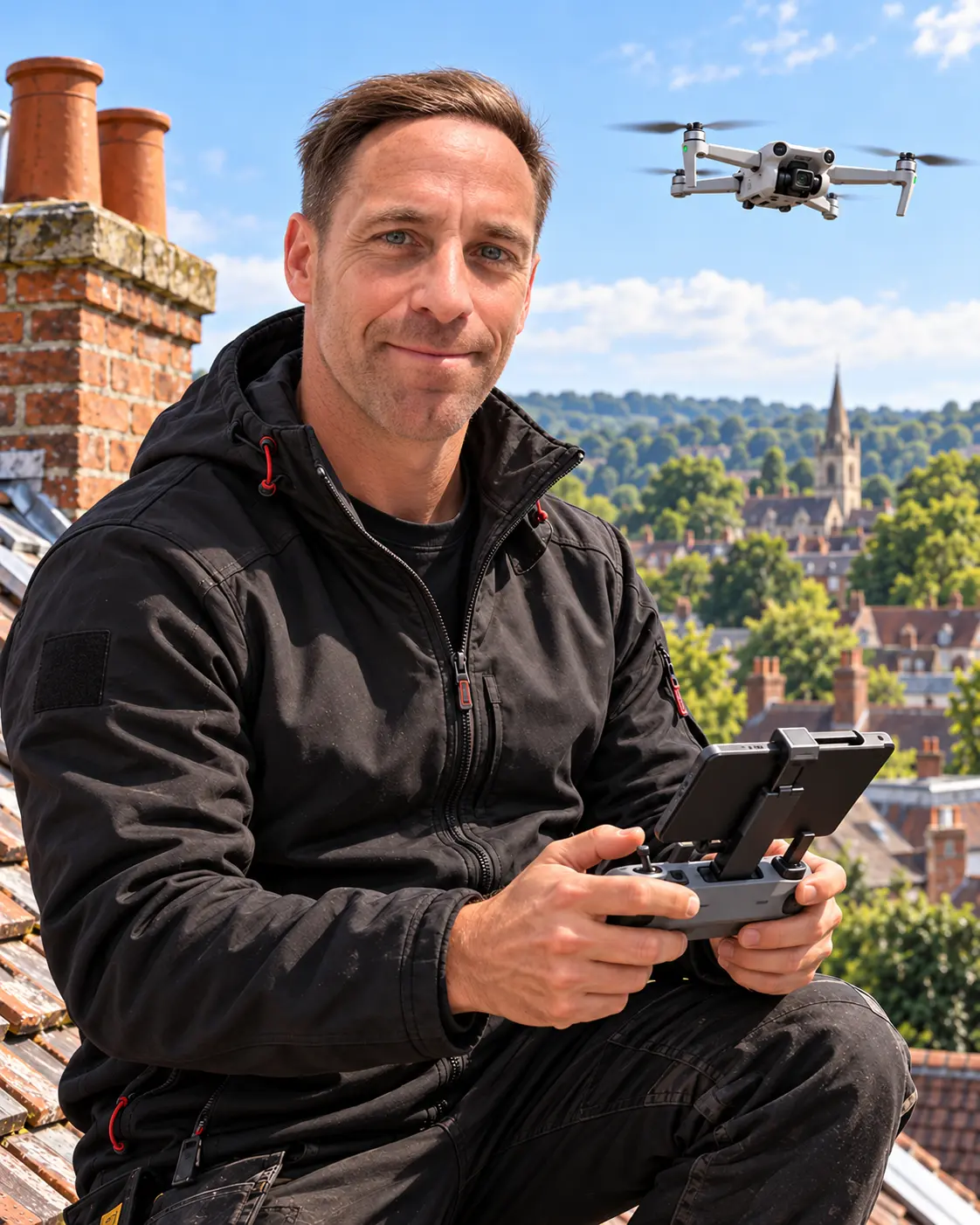 Lee Moran, roofing specialist and UAV operator, holding a drone controller on a tiled roof in Farnham